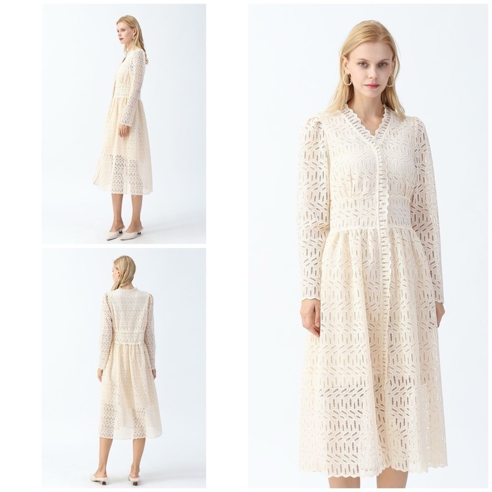 Chicwish Off White Crochet Lace Boho Cottagecore Midi Dress S